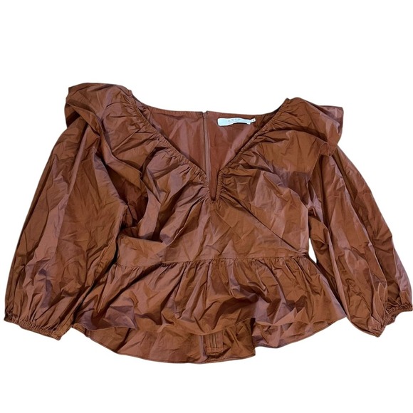 ASTR the Label Ruffle Peplum Blouse Balloon Sleeve Top Brown L - Picture 1 of 3